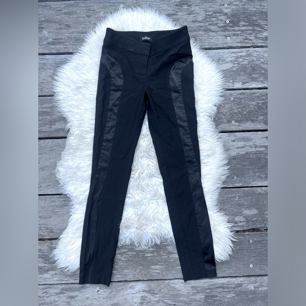 Bebe Black Silk Stripe Detail Career Skinny Straight Pants Leggings